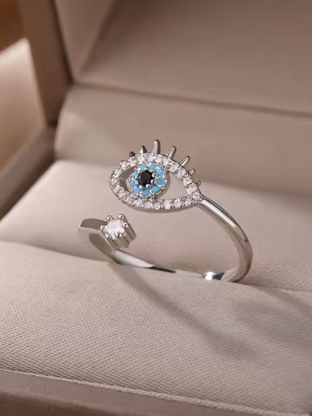 Evil Eye Open Band Ring with Blue Center Stones - Women Jewelry
